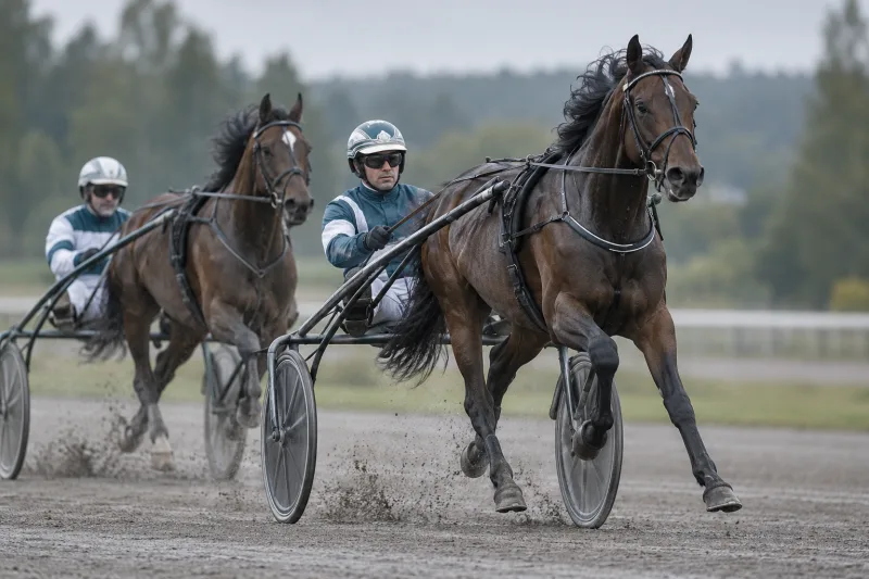 Travhästar med sulky under ett lopp på en travbana.